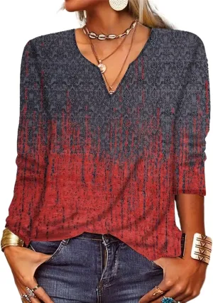 Woman Fall Shirts 2024 Boho Clothes Hippie Floral Print Bohemian Top V-Neck Casual Loose Sweatshirt