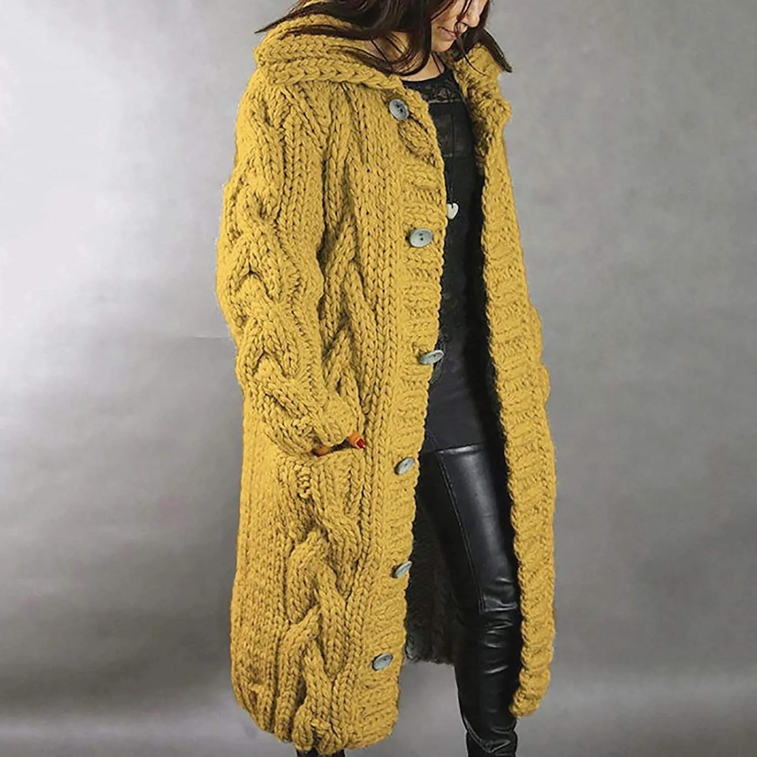Women Cable Knit Cardigan Sweaters Oversize Chunky Warm Open Front Long Sweaters Trendy Button Outwear with Pockets