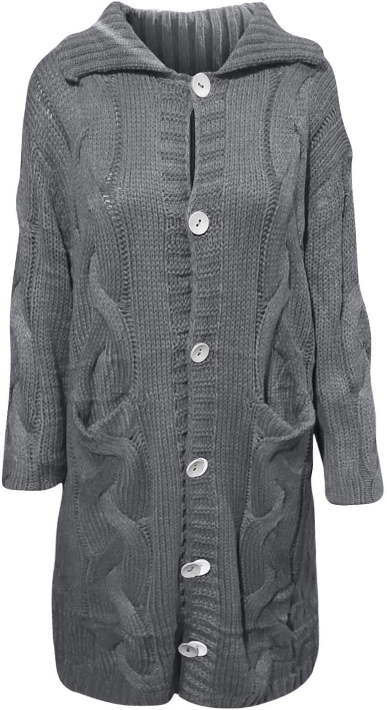 Women Cable Knit Cardigan Sweaters Oversize Chunky Warm Open Front Long Sweaters Trendy Button Outwear with Pockets