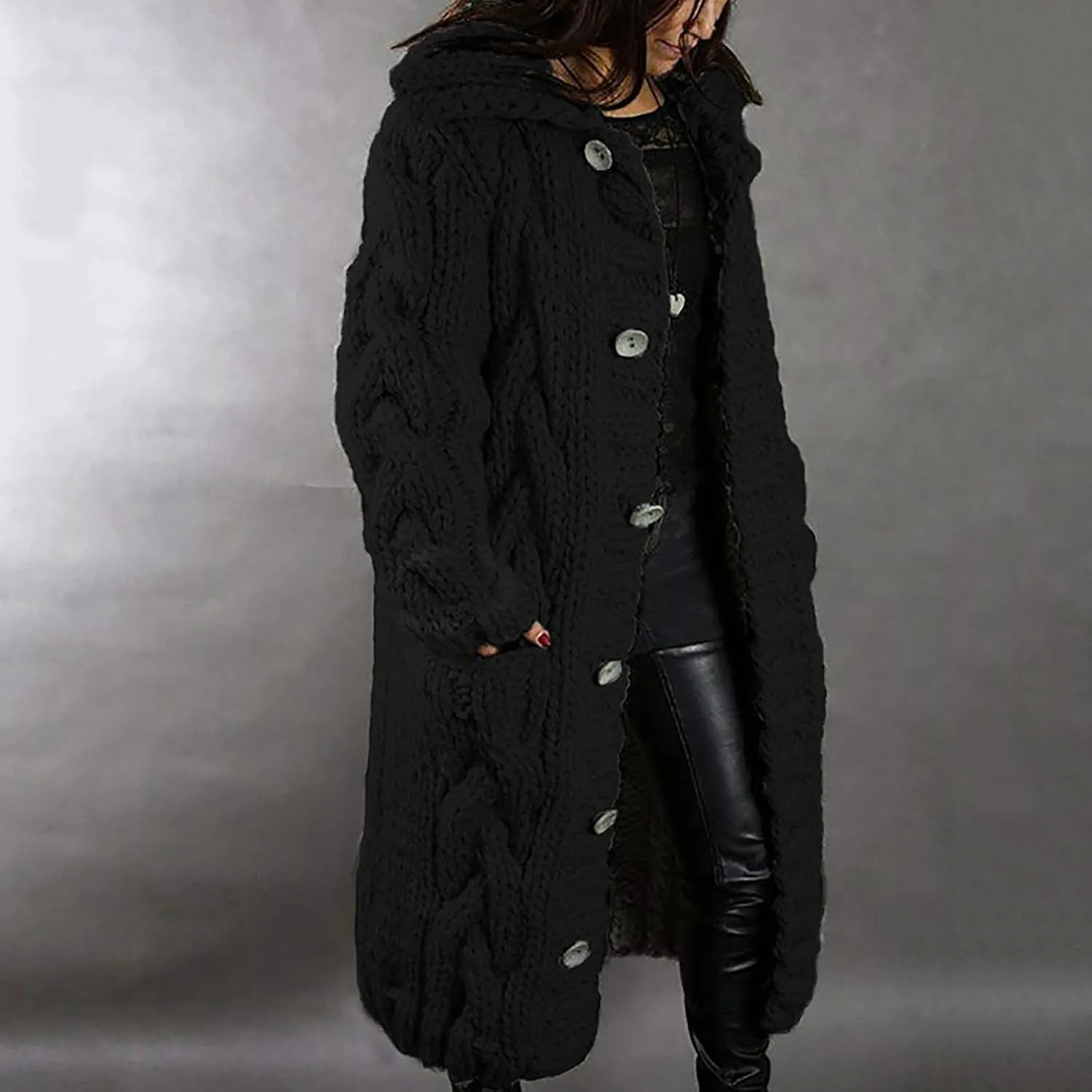 Women Cable Knit Cardigan Sweaters Oversize Chunky Warm Open Front Long Sweaters Trendy Button Outwear with Pockets