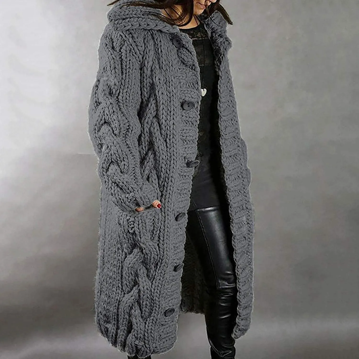 Women Cable Knit Cardigan Sweaters Oversize Chunky Warm Open Front Long Sweaters Trendy Button Outwear with Pockets
