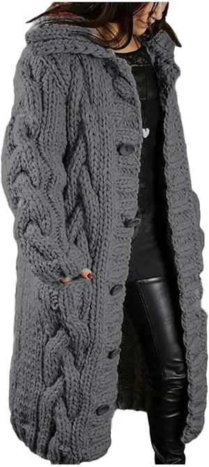 Women Cable Knit Cardigan Sweaters Oversize Chunky Warm Open Front Long Sweaters Trendy Button Outwear with Pockets