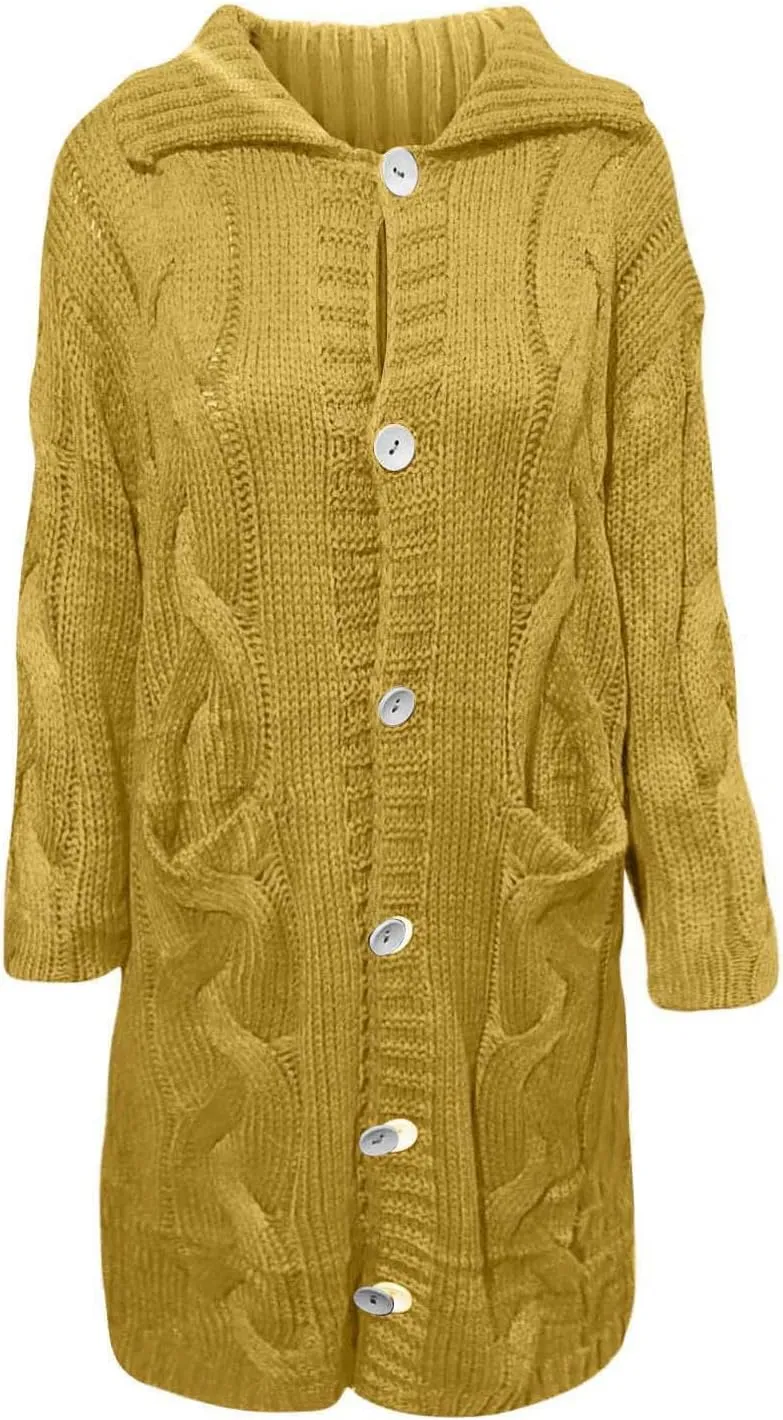 Women Cable Knit Cardigan Sweaters Oversize Chunky Warm Open Front Long Sweaters Trendy Button Outwear with Pockets