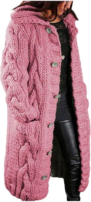 Women Cable Knit Cardigan Sweaters Oversize Chunky Warm Open Front Long Sweaters Trendy Button Outwear with Pockets