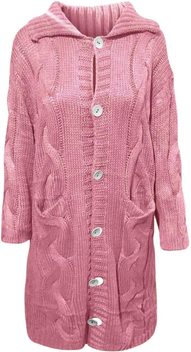 Women Cable Knit Cardigan Sweaters Oversize Chunky Warm Open Front Long Sweaters Trendy Button Outwear with Pockets