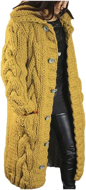 Women Cable Knit Cardigan Sweaters Oversize Chunky Warm Open Front Long Sweaters Trendy Button Outwear with Pockets