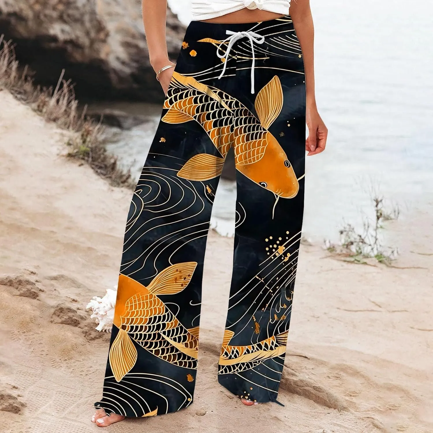 Women High Waisted Cotton Linen Boho Palazzo Pants Fish Art Printed Wide Leg Long Japanese Pant Trousers with Pockets