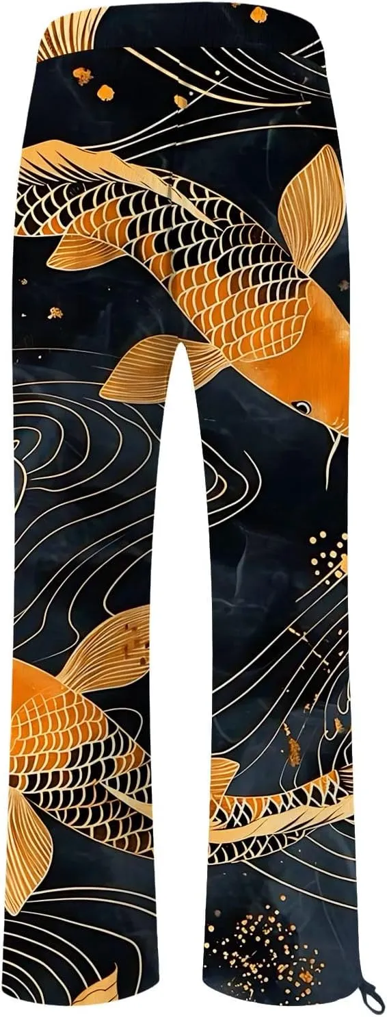 Women High Waisted Cotton Linen Boho Palazzo Pants Fish Art Printed Wide Leg Long Japanese Pant Trousers with Pockets