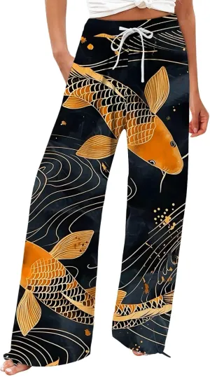 Women High Waisted Cotton Linen Boho Palazzo Pants Fish Art Printed Wide Leg Long Japanese Pant Trousers with Pockets