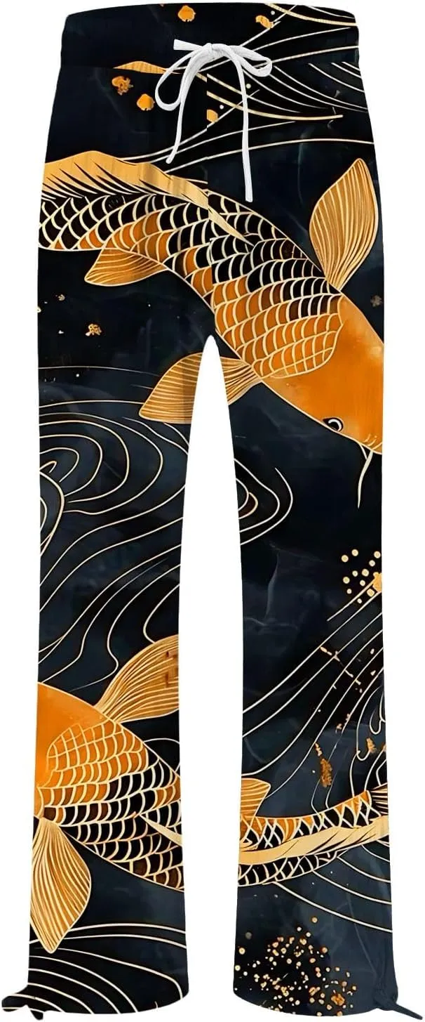 Women High Waisted Cotton Linen Boho Palazzo Pants Fish Art Printed Wide Leg Long Japanese Pant Trousers with Pockets