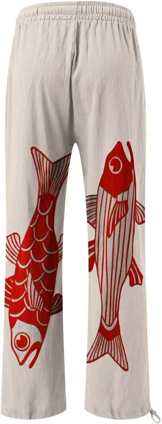 Women High Waisted Cotton Linen Palazzo Pants Dog Fish Graphic Wide Leg Long Japanese Pants Trousers with Pockets