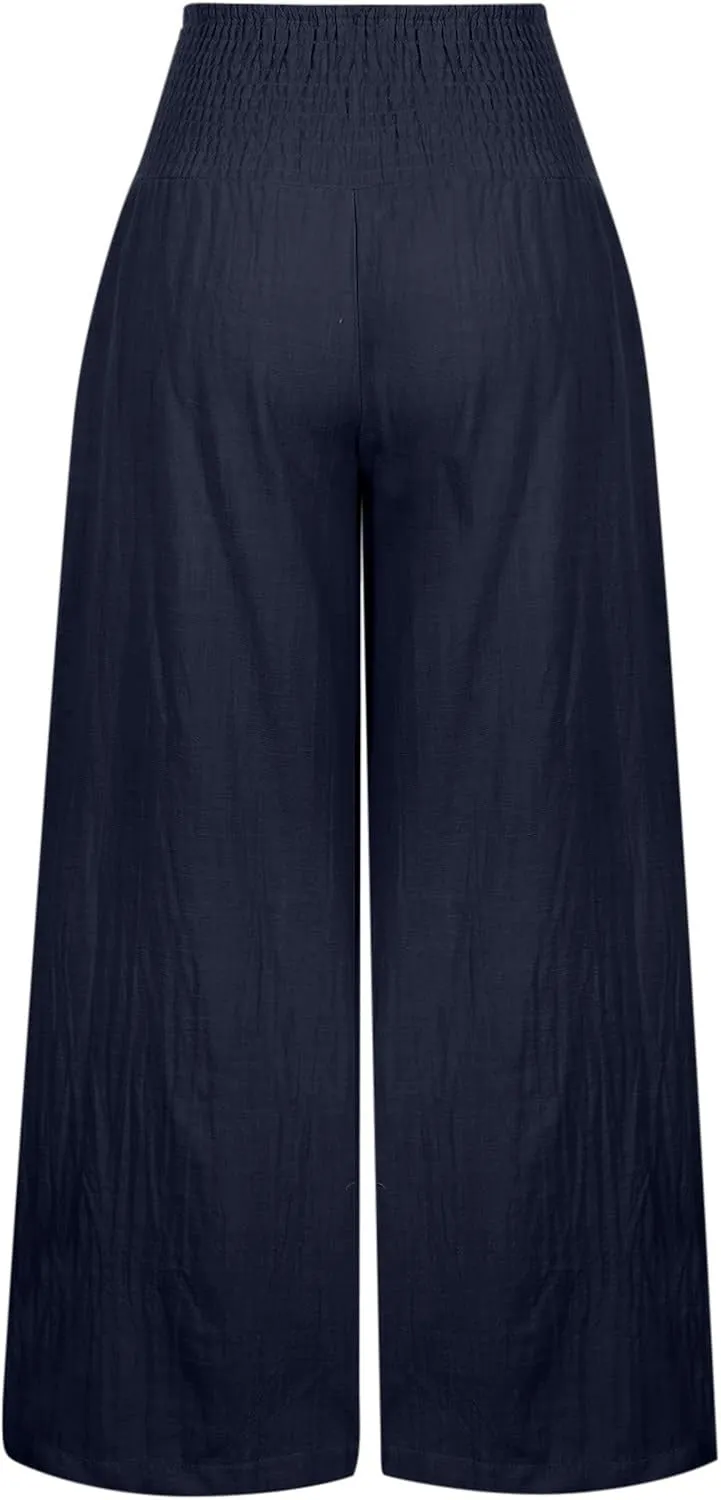 Women Linen Palazzo Pants Wide Leg High Waisted Long Lounge Pant 2025 Summer Beach Vacation Outfits Pockets Trousers