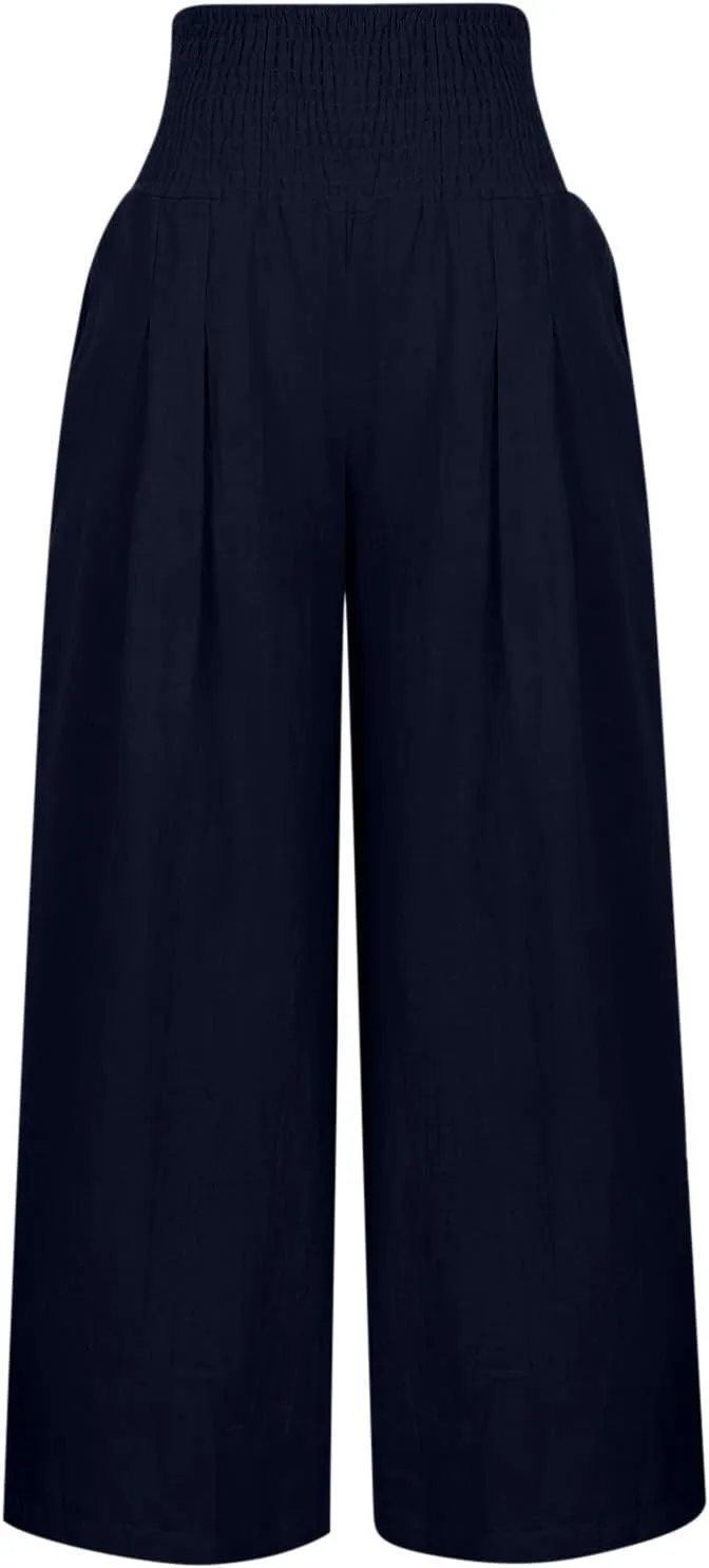 Women Linen Palazzo Pants Wide Leg High Waisted Long Lounge Pant 2025 Summer Beach Vacation Outfits Pockets Trousers