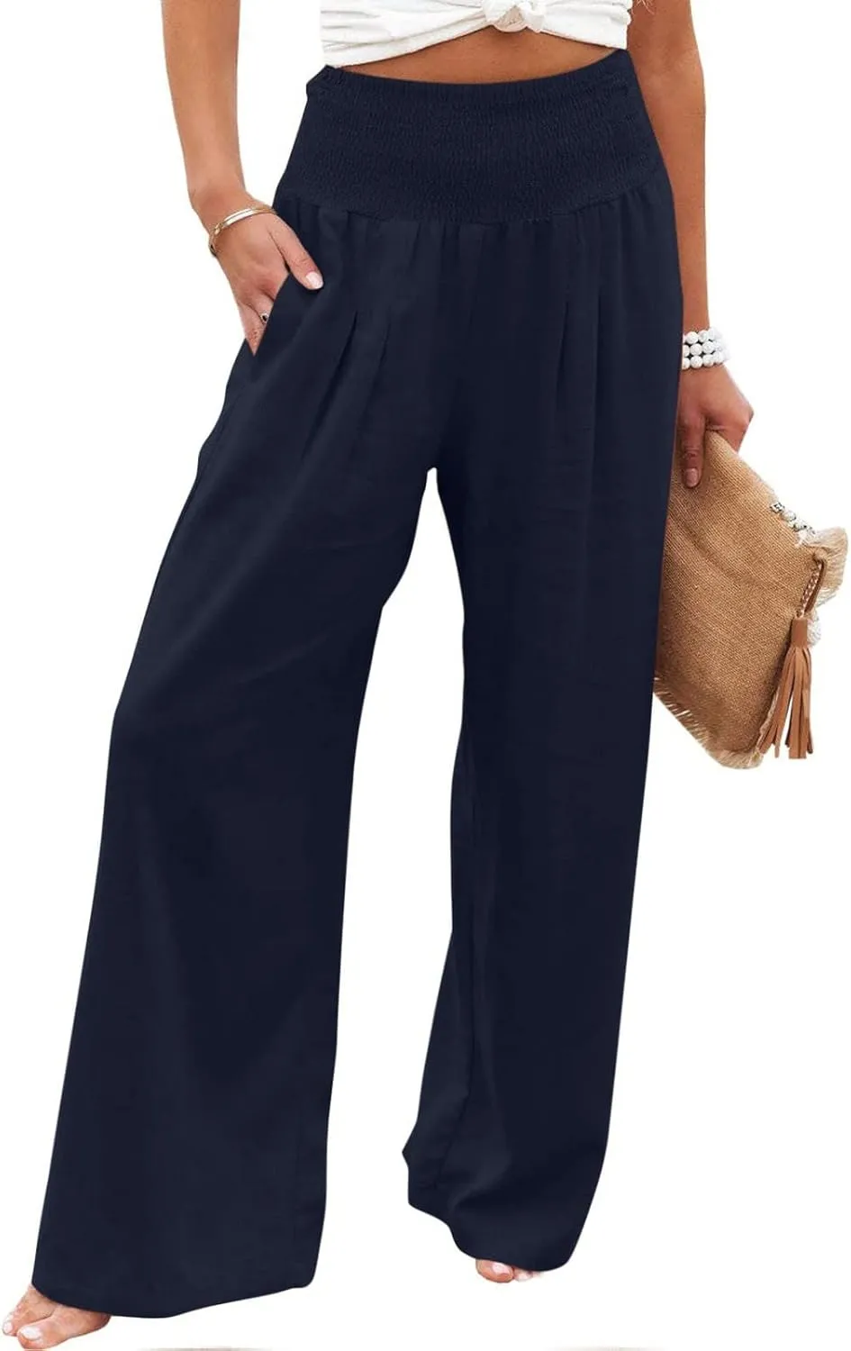 Women Linen Palazzo Pants Wide Leg High Waisted Long Lounge Pant 2025 Summer Beach Vacation Outfits Pockets Trousers
