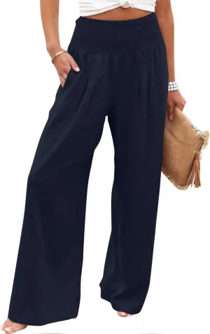 Women Linen Palazzo Pants Wide Leg High Waisted Long Lounge Pant 2025 Summer Beach Vacation Outfits Pockets Trousers