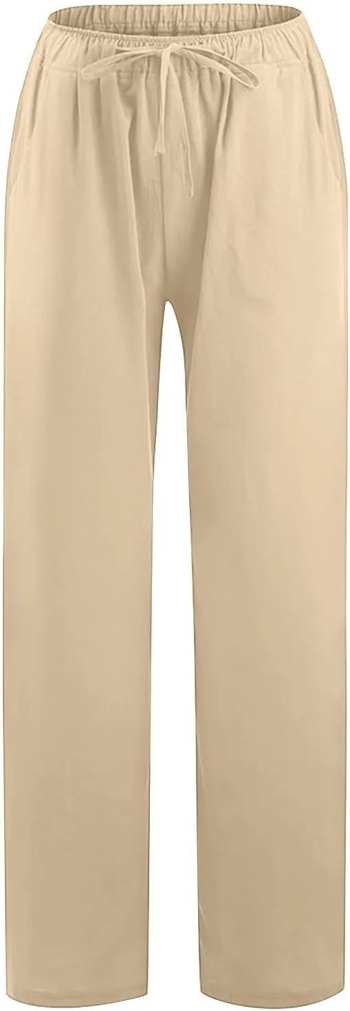 Women Linen Pants Casual Baggy Wide Leg Palazzo Pants Cotton Linen Lounge Beach Vacation Summer Trousers with Pockets