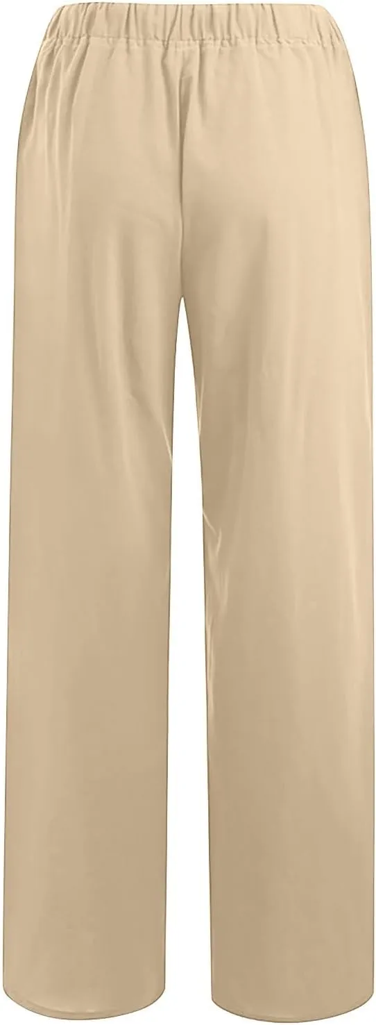 Women Linen Pants Casual Baggy Wide Leg Palazzo Pants Cotton Linen Lounge Beach Vacation Summer Trousers with Pockets