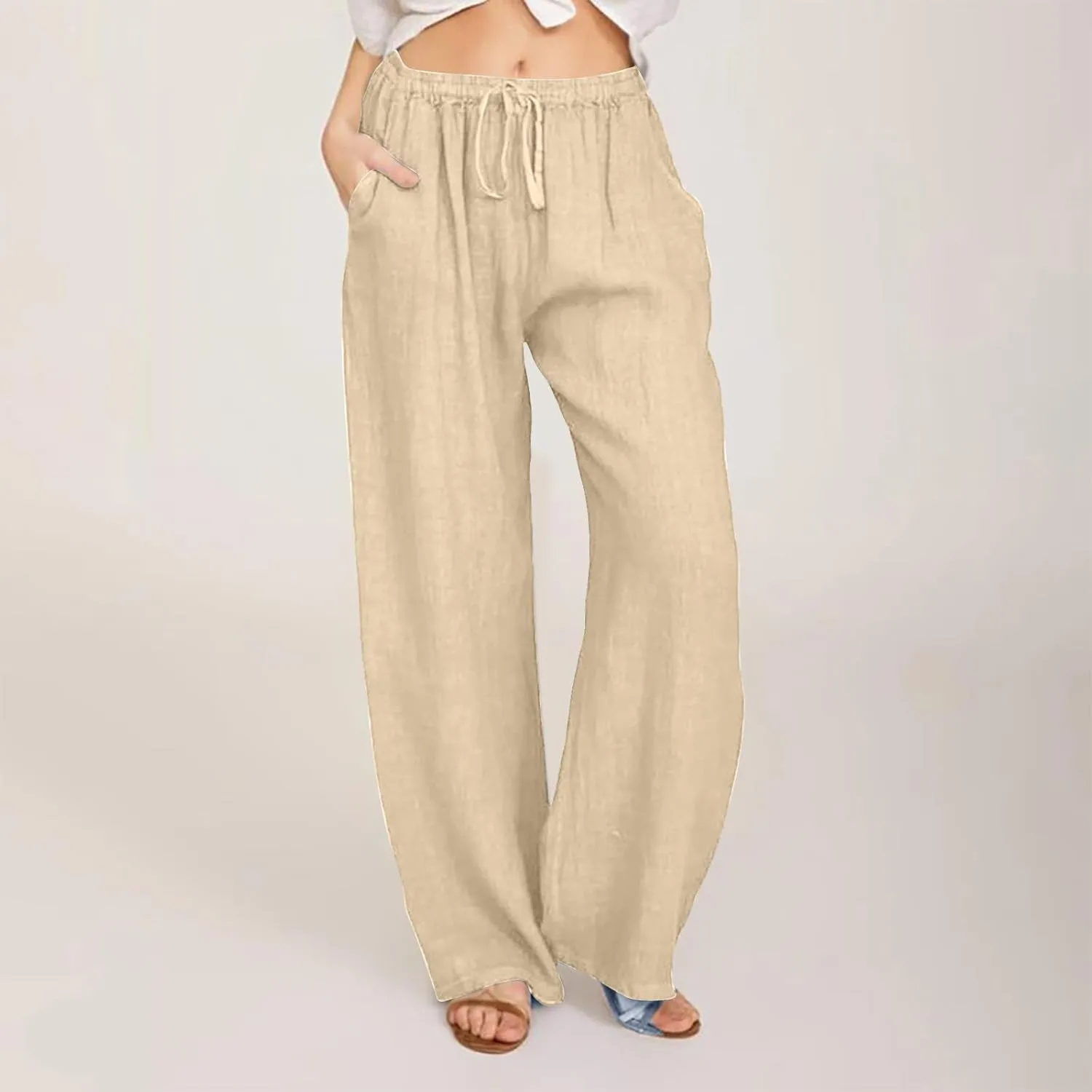 Women Linen Pants Casual Baggy Wide Leg Palazzo Pants Cotton Linen Lounge Beach Vacation Summer Trousers with Pockets