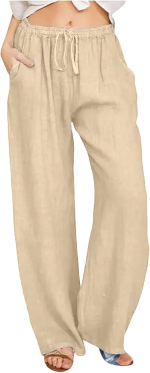 Women Linen Pants Casual Baggy Wide Leg Palazzo Pants Cotton Linen Lounge Beach Vacation Summer Trousers with Pockets