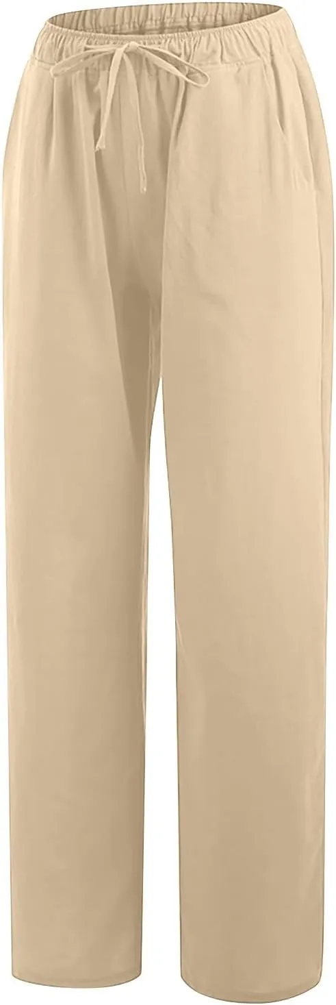 Women Linen Pants Casual Baggy Wide Leg Palazzo Pants Cotton Linen Lounge Beach Vacation Summer Trousers with Pockets