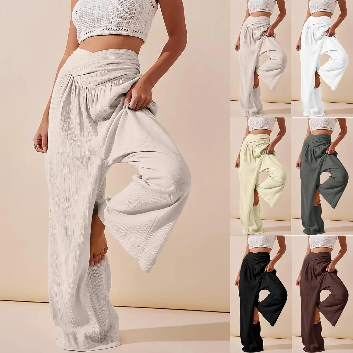 Women Linen Pants Casual Crossover Wide Leg Pants Summer Baggy Beach Pants with Pocket Lightweight Flowy Lounge Pant