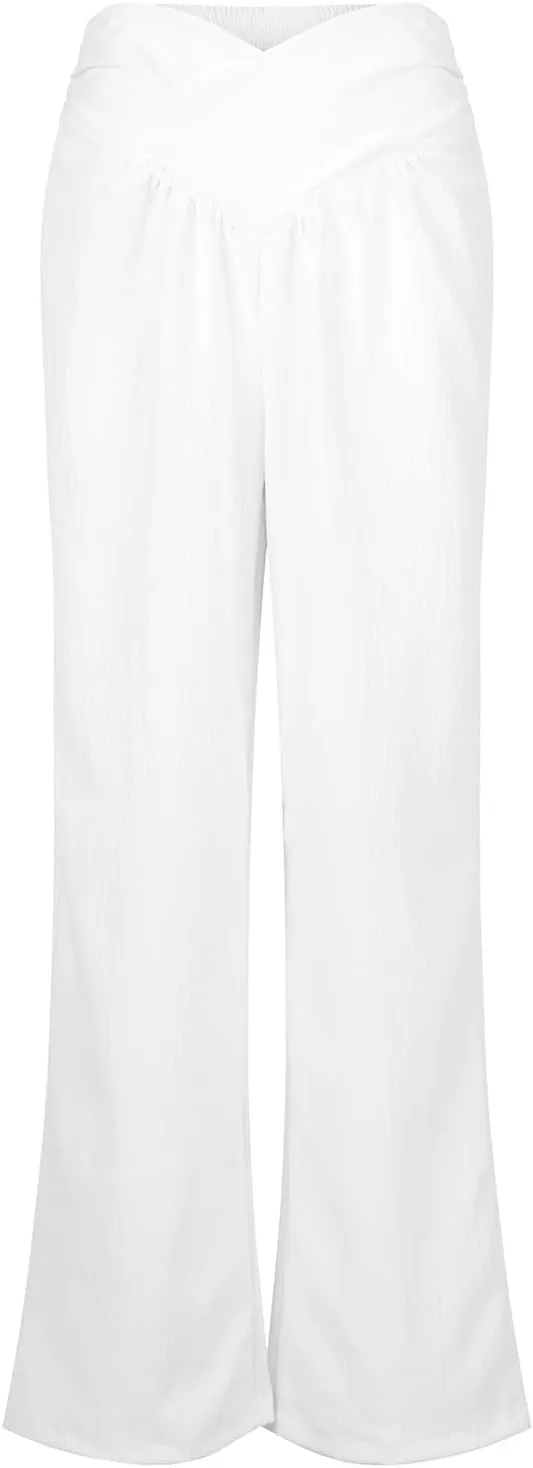 Women Linen Pants Casual Crossover Wide Leg Pants Summer Baggy Beach Pants with Pocket Lightweight Flowy Lounge Pant