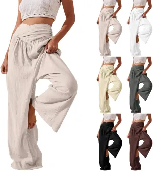 Women Linen Pants Casual Crossover Wide Leg Pants Summer Baggy Beach Pants with Pocket Lightweight Flowy Lounge Pant