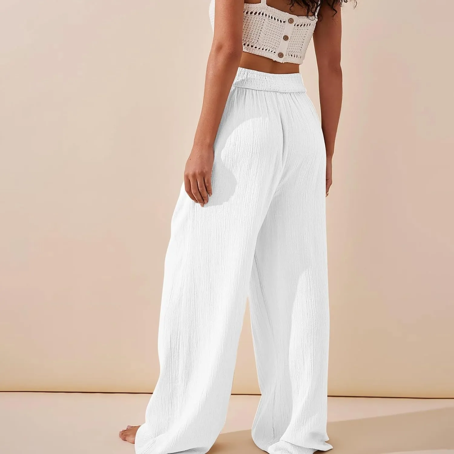 Women Linen Pants Casual Crossover Wide Leg Pants Summer Baggy Beach Pants with Pocket Lightweight Flowy Lounge Pant