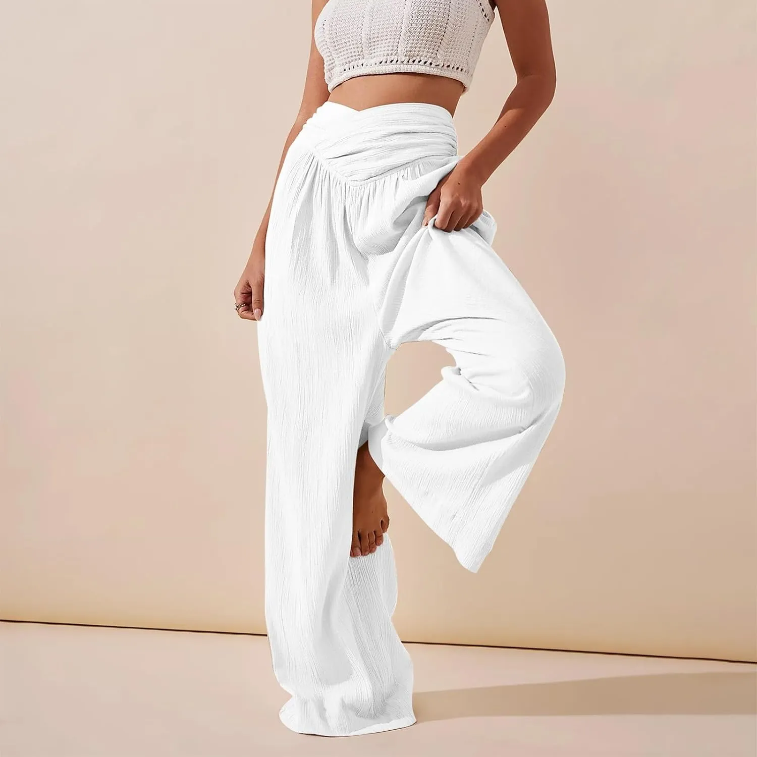Women Linen Pants Casual Crossover Wide Leg Pants Summer Baggy Beach Pants with Pocket Lightweight Flowy Lounge Pant