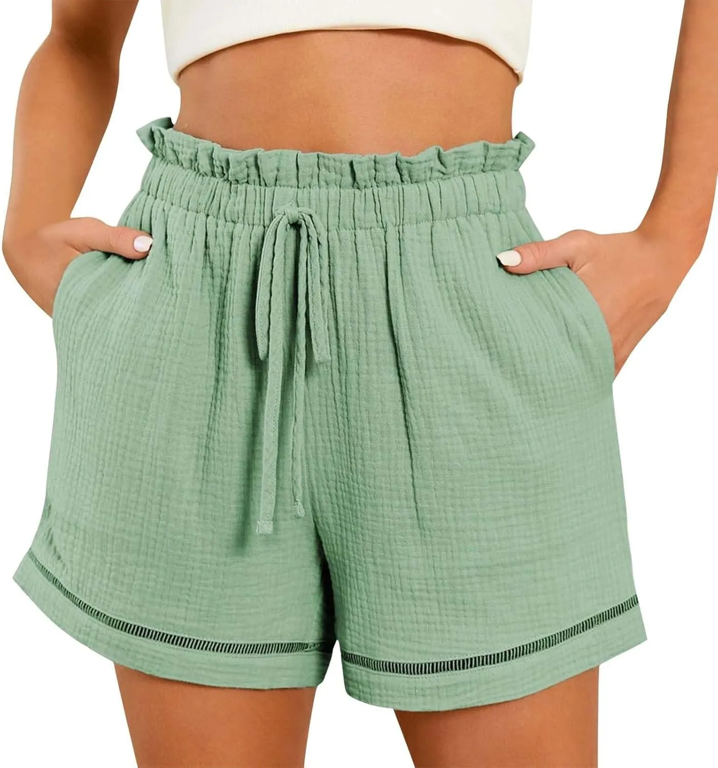 Women Linen Shorts Summer Casual Drawstring Flowy Shorts Wide Leg Shorts with Pockets Plus Size Beach Shorts