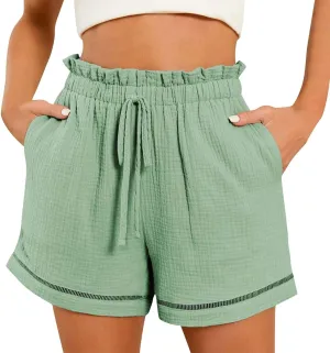 Women Linen Shorts Summer Casual Drawstring Flowy Shorts Wide Leg Shorts with Pockets Plus Size Beach Shorts