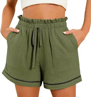 Women Linen Shorts Summer Casual Drawstring Flowy Shorts Wide Leg Shorts with Pockets Plus Size Beach Shorts