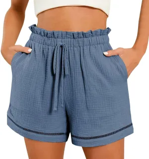 Women Linen Shorts Summer Casual Drawstring Flowy Shorts Wide Leg Shorts with Pockets Plus Size Beach Shorts