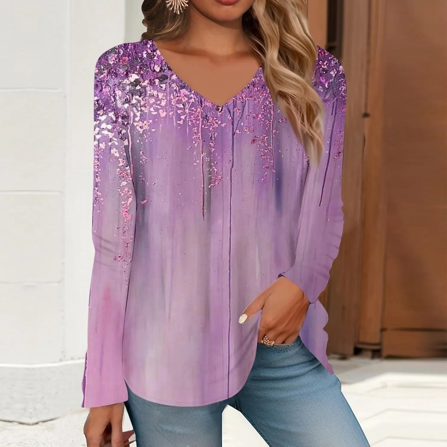 Women Long Sleeve T Shirts Vintage Graphic V Neck Floral Print Pullover Tee Tops Blouse Elegant Loose Fit T-Shirts