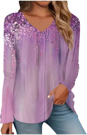 Women Long Sleeve T Shirts Vintage Graphic V Neck Floral Print Pullover Tee Tops Blouse Elegant Loose Fit T-Shirts