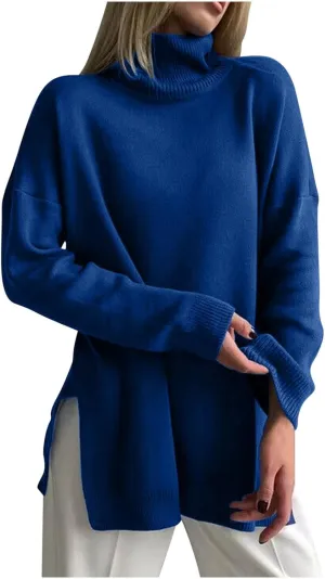 Women Oversized Turtleneck Sweater Classic Long Batwing Sleeve Split Hem Solid Pullover Sweater 2024 Trendy Clothes