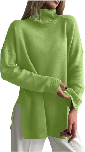 Women Oversized Turtleneck Sweater Classic Long Batwing Sleeve Split Hem Solid Pullover Sweater 2024 Trendy Clothes