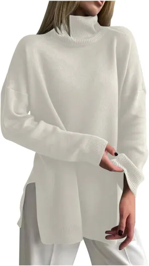 Women Oversized Turtleneck Sweater Classic Long Batwing Sleeve Split Hem Solid Pullover Sweater 2024 Trendy Clothes