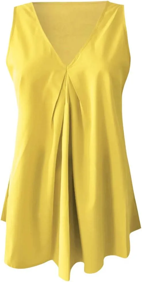 Women Plus Size Loose V Neck Sleeveless T Shirts Chiffon Pullover Tank Tops High Neck Top