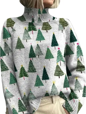 Women Turtleneck Sweater Christmas Vintage Blouse Oversized Long Sleeve Ribbed Clothes Fall Winter Basic Knit Top