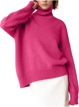 Women Turtleneck Sweaters Fashion Solid Long Sleeves Oversized Sweater Ribbed Knit Loose Casual Pullover Fall Tops