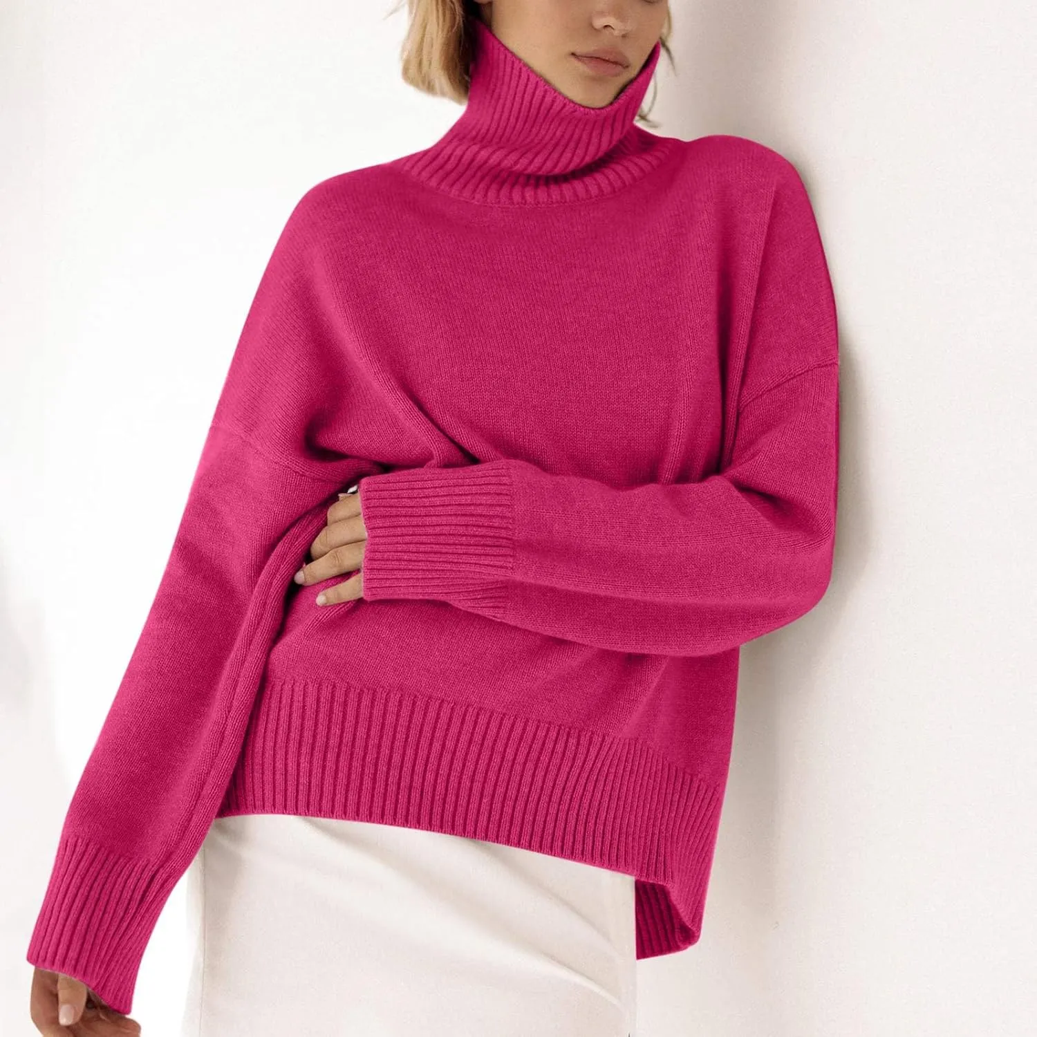 Women Turtleneck Sweaters Fashion Solid Long Sleeves Oversized Sweater Ribbed Knit Loose Casual Pullover Fall Tops