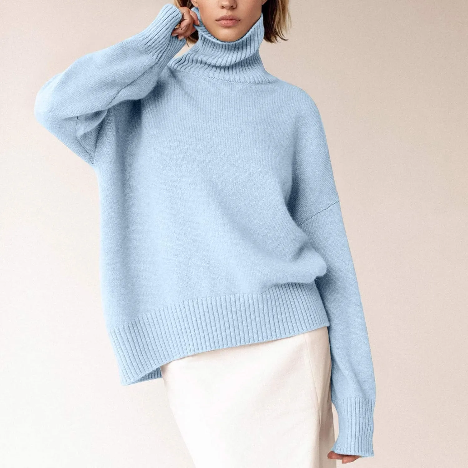Women Turtleneck Sweaters Fashion Solid Long Sleeves Oversized Sweater Ribbed Knit Loose Casual Pullover Fall Tops