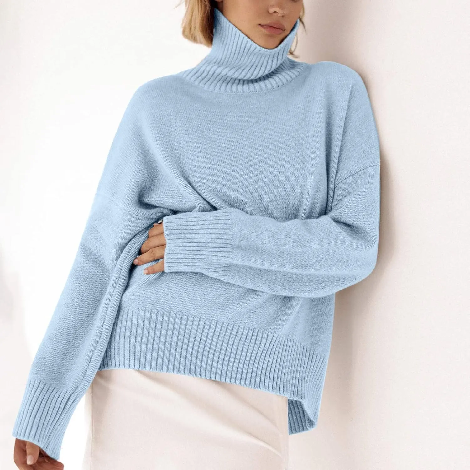 Women Turtleneck Sweaters Fashion Solid Long Sleeves Oversized Sweater Ribbed Knit Loose Casual Pullover Fall Tops