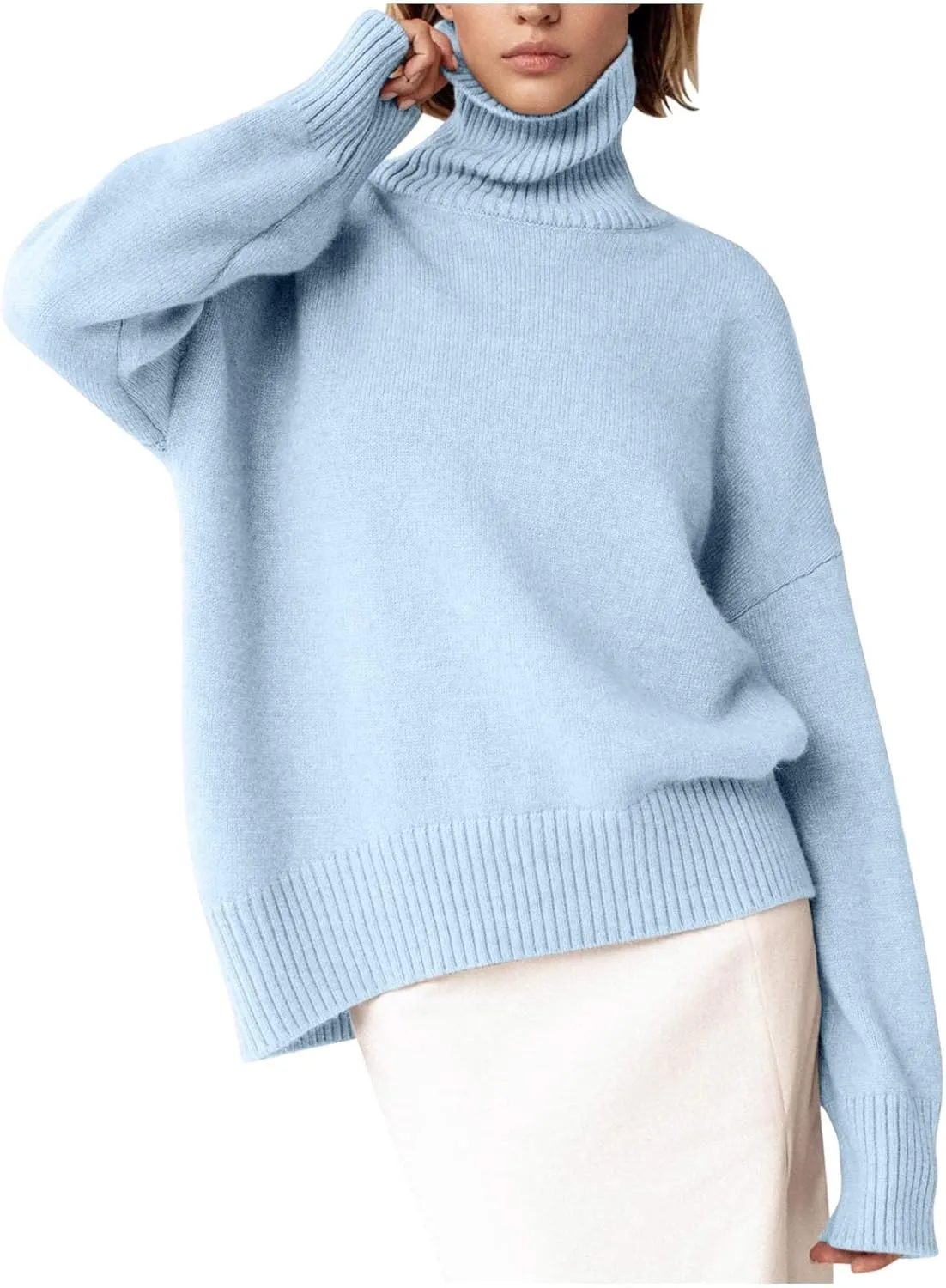 Women Turtleneck Sweaters Fashion Solid Long Sleeves Oversized Sweater Ribbed Knit Loose Casual Pullover Fall Tops