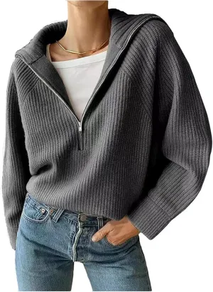 Women Zipper Long Sleeve Turtleneck Sweater 2024 Oversized Collared High Neck Pullover Ribbed Knit Solid Jumper Top