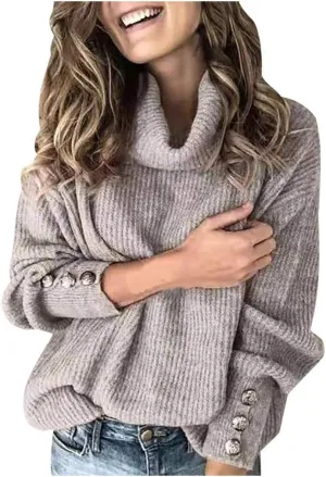 Womens 2023 Fall Turtleneck Oversized Pullover Sweaters Long Sleeves High Neck Ribbed Knit Sweater Cable Knit Jumper