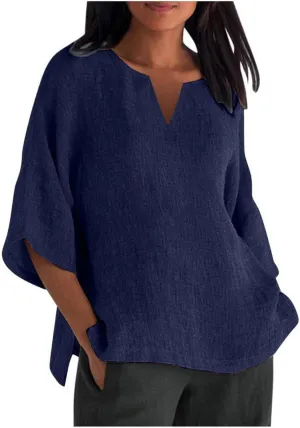 Women's 3/4 Sleeve Cotton Linen Tops Summer Plus Size V Neck Button T-Shirt Solid Striped Long Sleeved Shirt Women