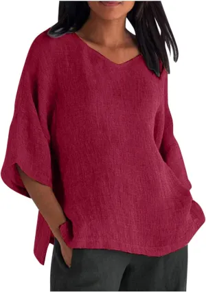 Women's 3/4 Sleeve Cotton Linen Tops Summer Plus Size V Neck Button T-Shirt Solid Striped Long Sleeved Shirt Women