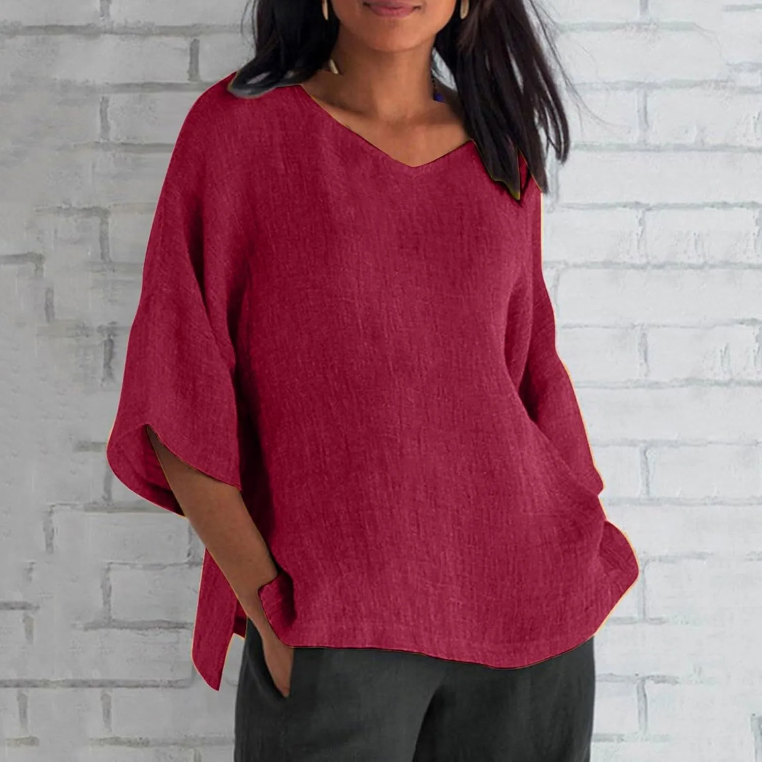 Women's 3/4 Sleeve Cotton Linen Tops Summer Plus Size V Neck Button T-Shirt Solid Striped Long Sleeved Shirt Women